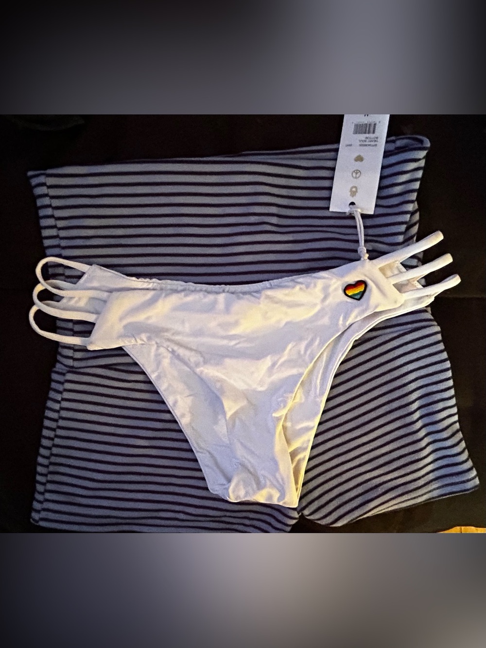 Spiritual Gangster White Strappy Bikini Bottom with Rainbow Heart Patch